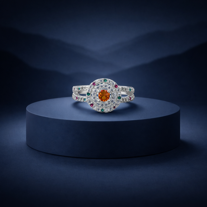 Celestial Multi-Gemstone Halo Silver Ring