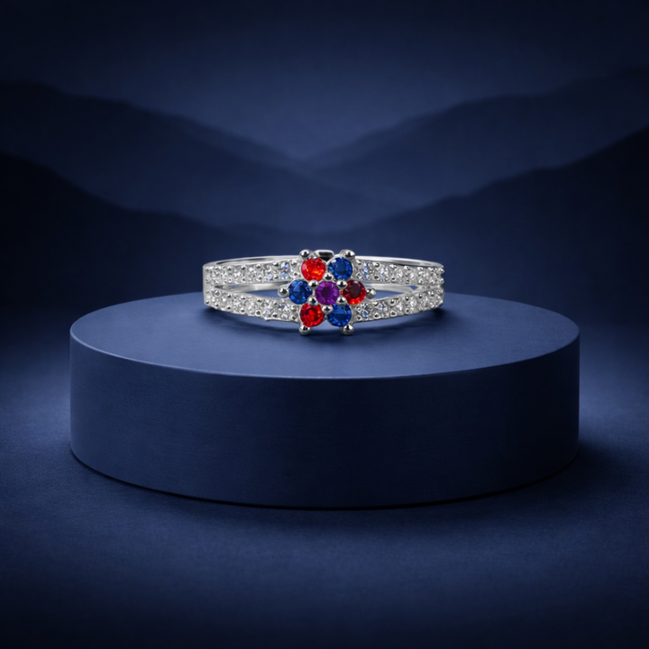 Floral Multi-Gemstone Silver Split Band Ring
