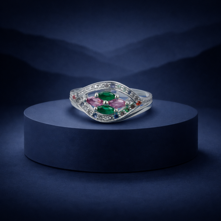Elegant Sterling Silver Multi-Gemstone Marquise Halo Ring