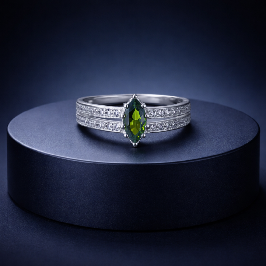 Elegant Marquise Green Tourmaline Silver Split-Shand Ring