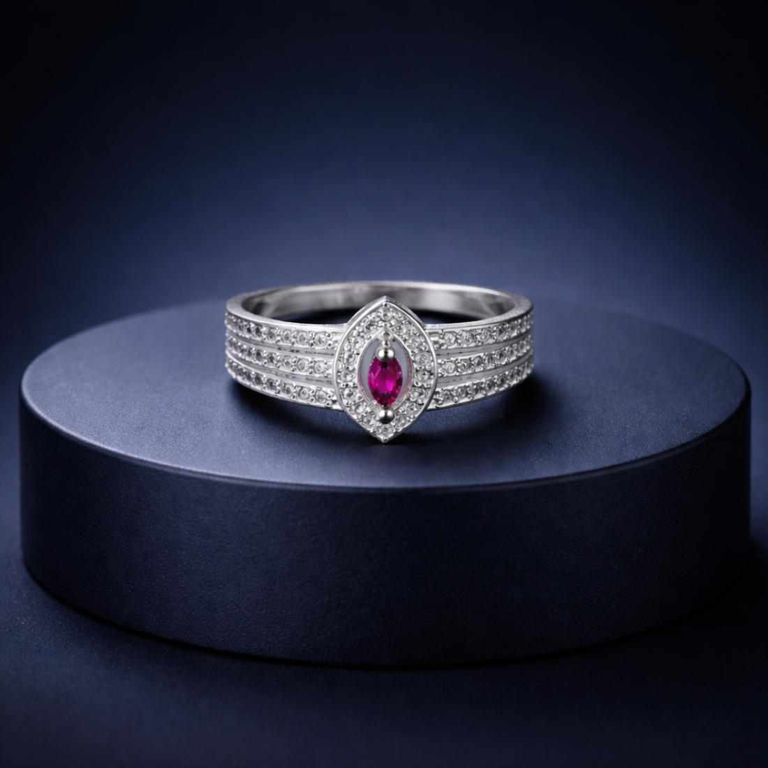 Marquise Ruby Diamond Halo Silver Ring