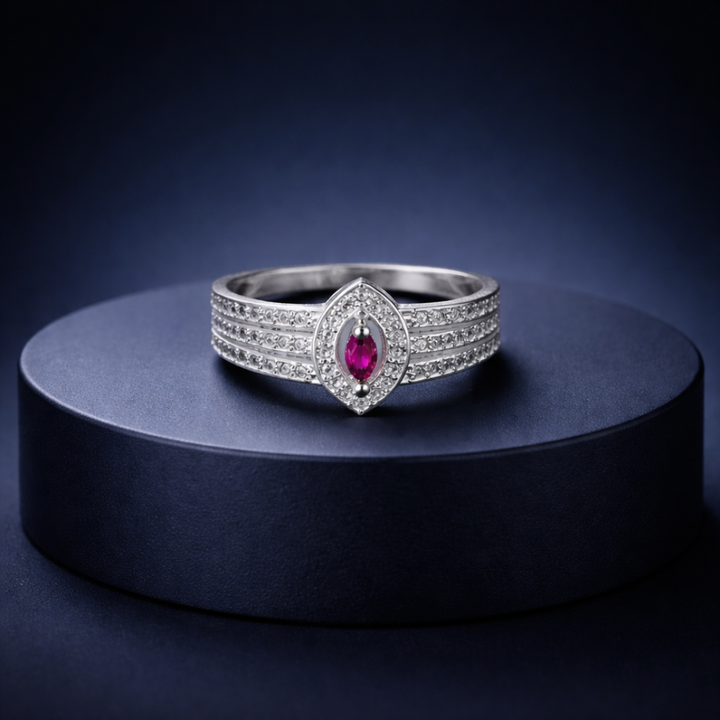 Marquise Ruby Diamond Halo Silver Ring