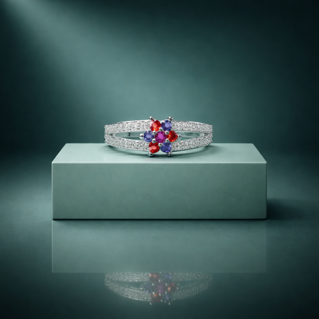 Floral Multi-Gemstone Silver Split Band Ring