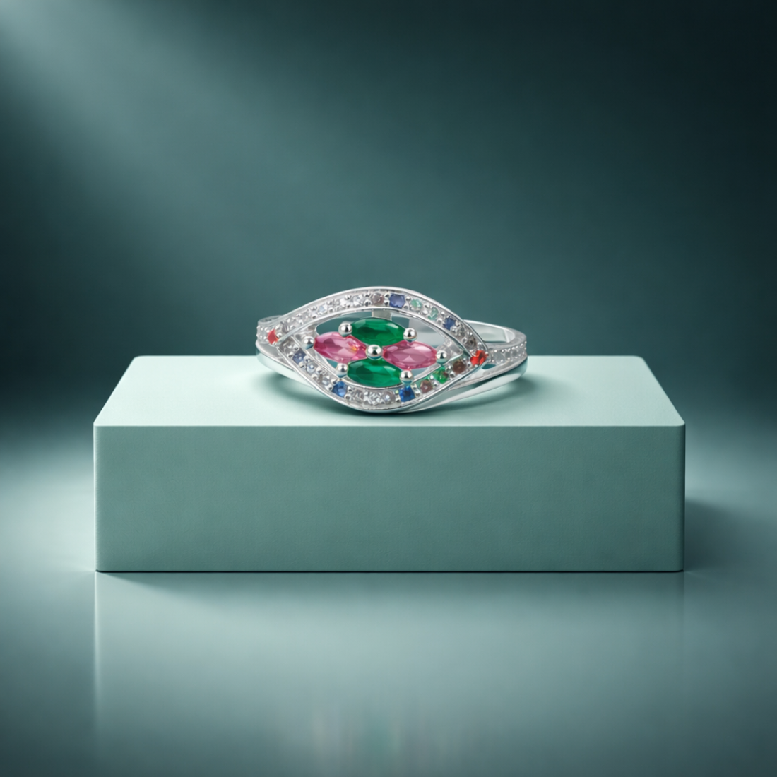 Elegant Sterling Silver Multi-Gemstone Marquise Halo Ring