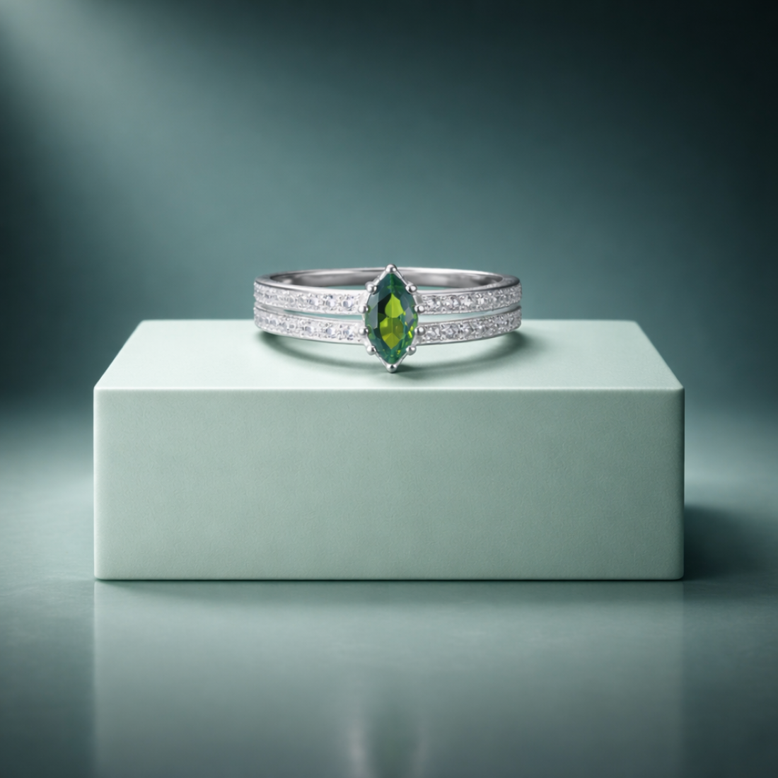 Elegant Marquise Green Tourmaline Silver Split-Shand Ring