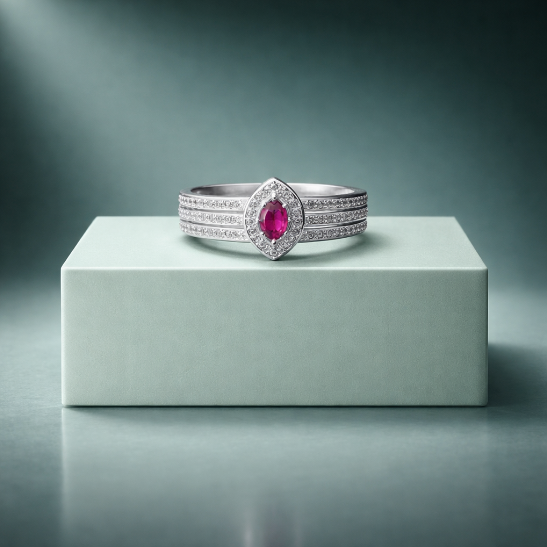 Marquise Ruby Diamond Halo Silver Ring