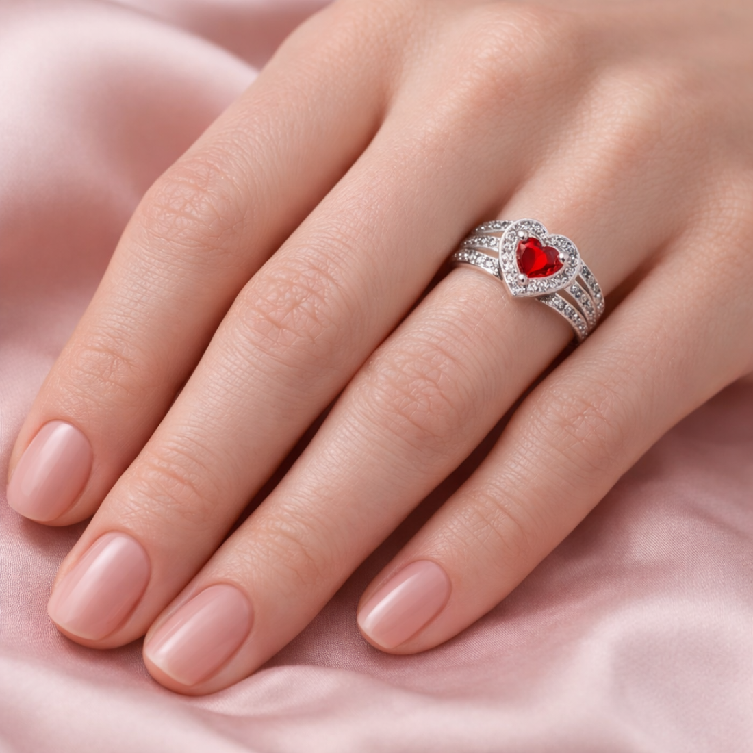 Heart of Crimson Silver Triple Band Ring