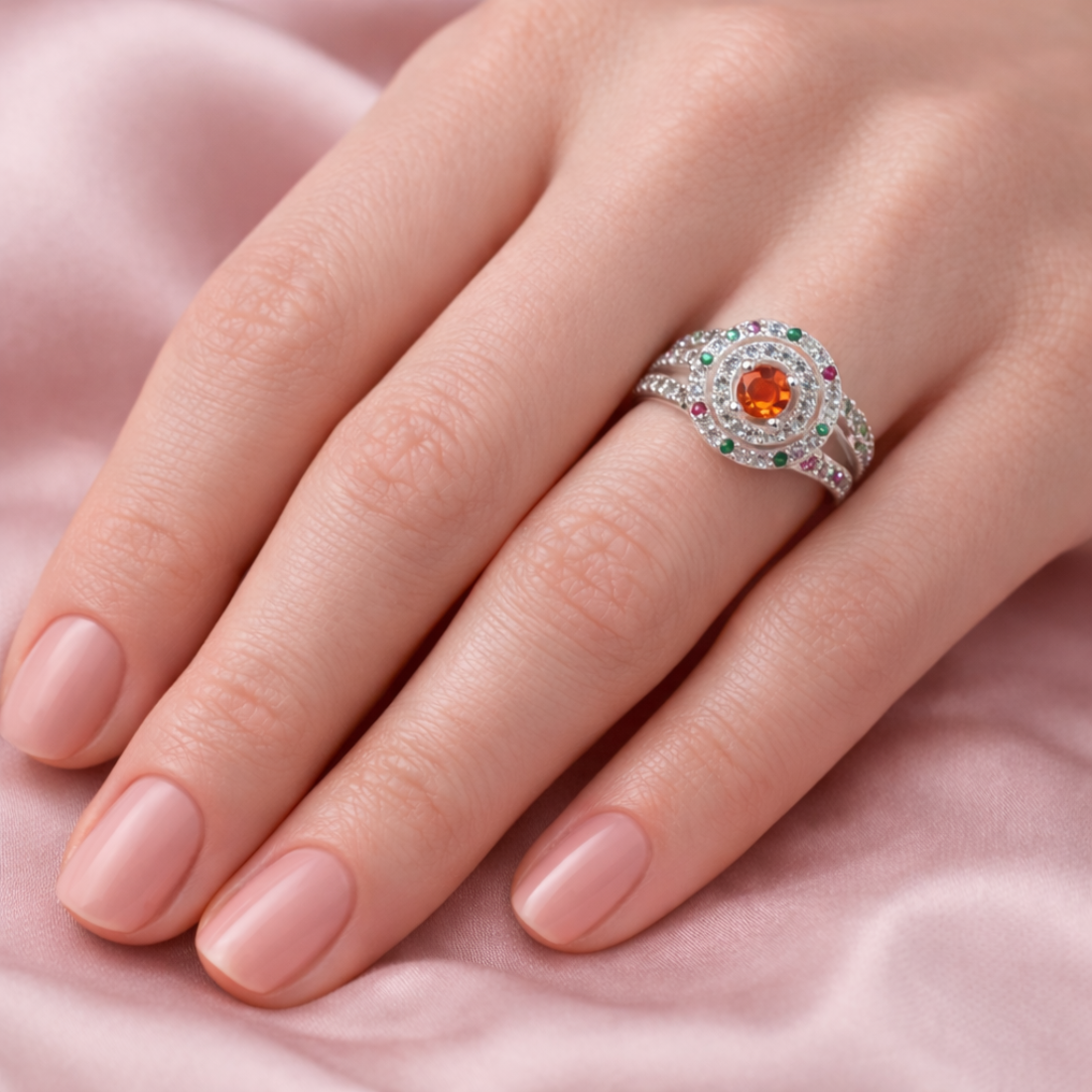 Celestial Multi-Gemstone Halo Silver Ring