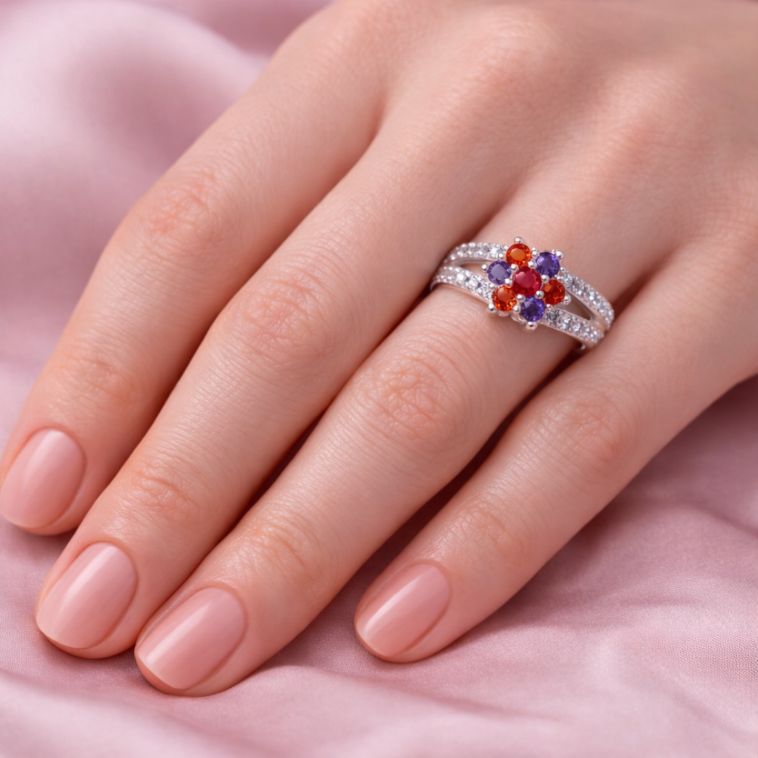 Floral Multi-Gemstone Silver Split Band Ring