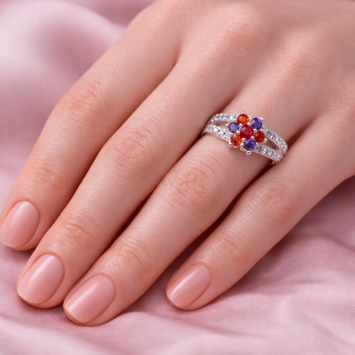 Floral Multi-Gemstone Silver Split Band Ring