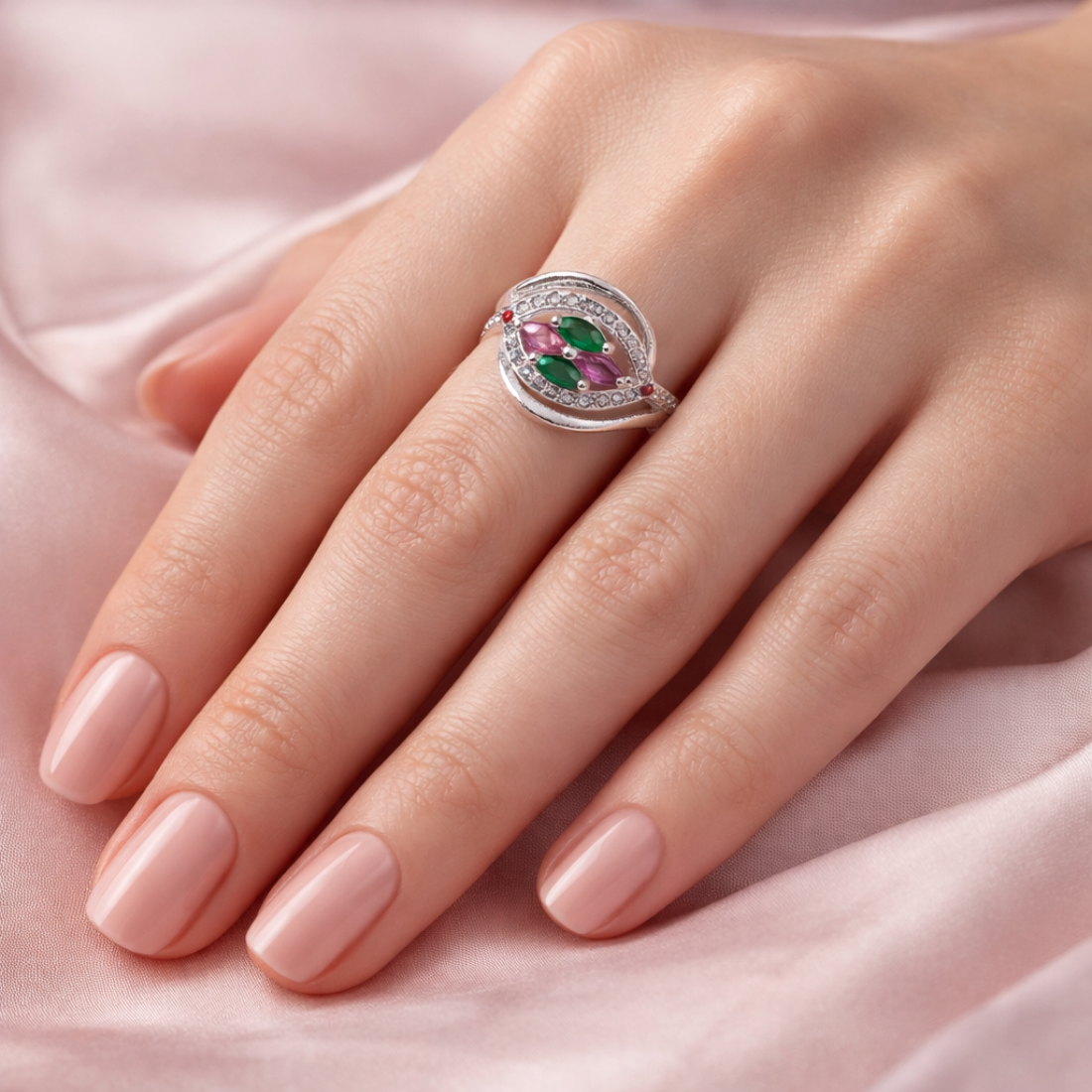 Elegant Sterling Silver Multi-Gemstone Marquise Halo Ring