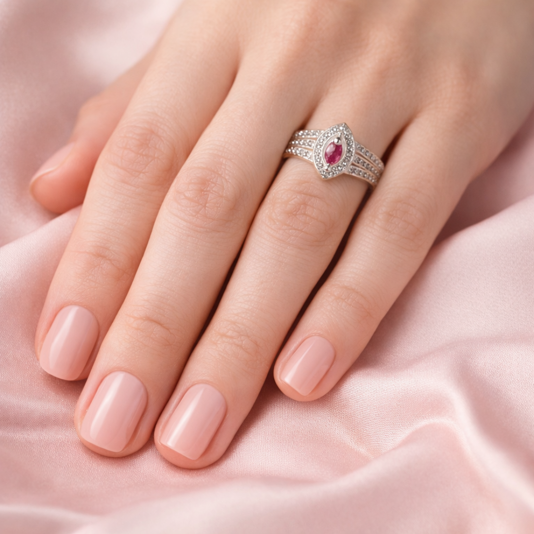 Marquise Ruby Diamond Halo Silver Ring