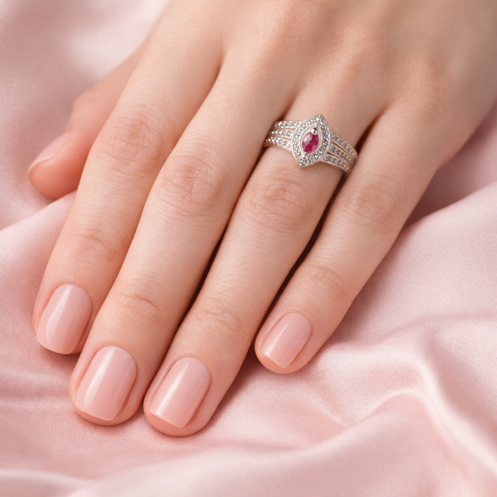 Marquise Ruby Diamond Halo Silver Ring