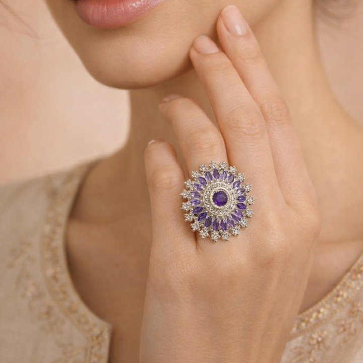 Elegant Amethyst Floral Halo Sterling Silver Ring