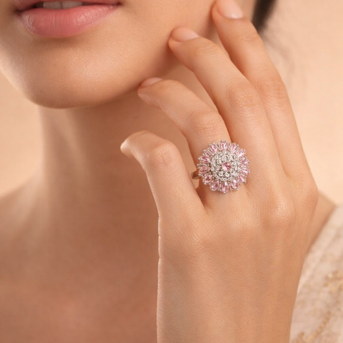Elegant Pink Petal Halo Silver Statement Ring