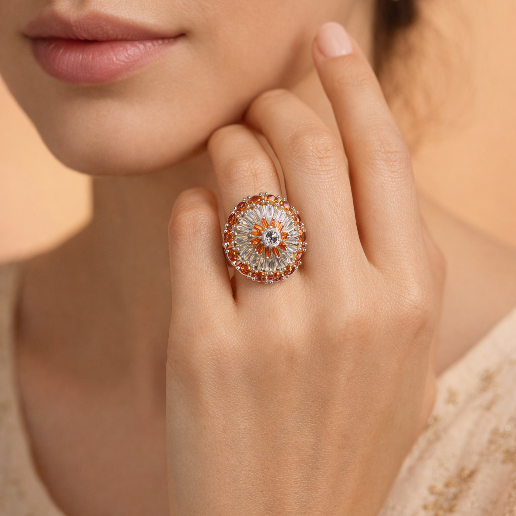 Radiant Orange Sunburst Silver Cocktail Ring