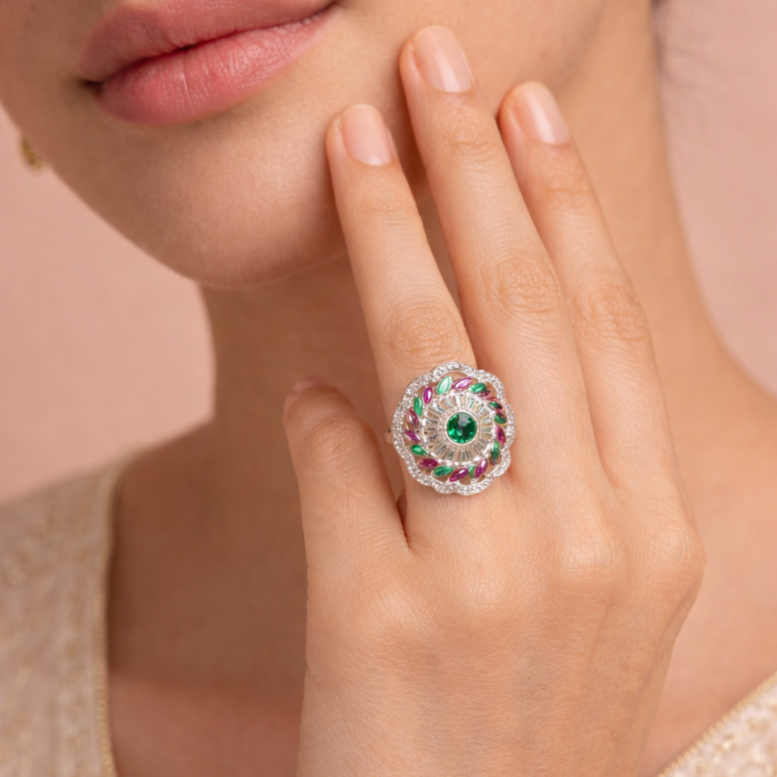 Floral Halo Multi-Gemstone Statement Ring in Silver Finish