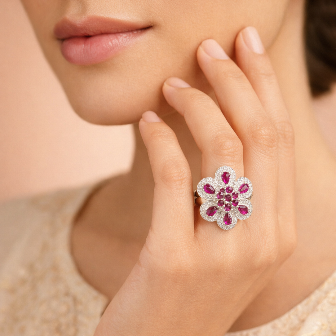 Floral Elegance Ruby Silver Statement Ring