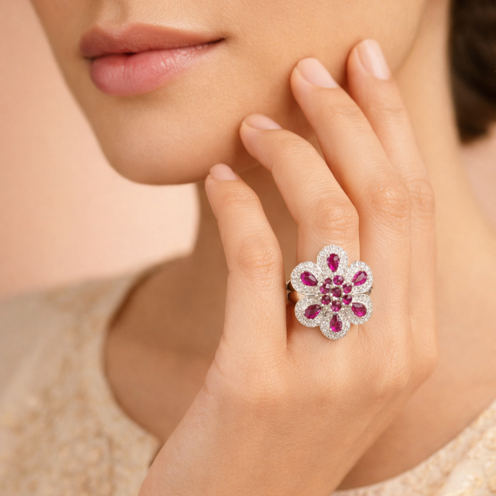Floral Elegance Ruby Silver Statement Ring