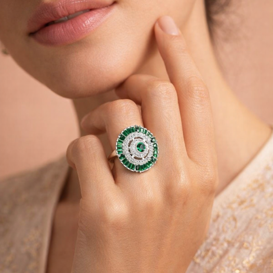 Elegant Emerald Green Halo Statement Ring