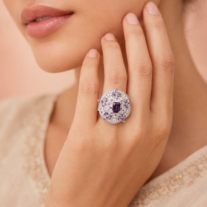 Regal Amethyst Radiance Intricate Silver Statement Halo Ring