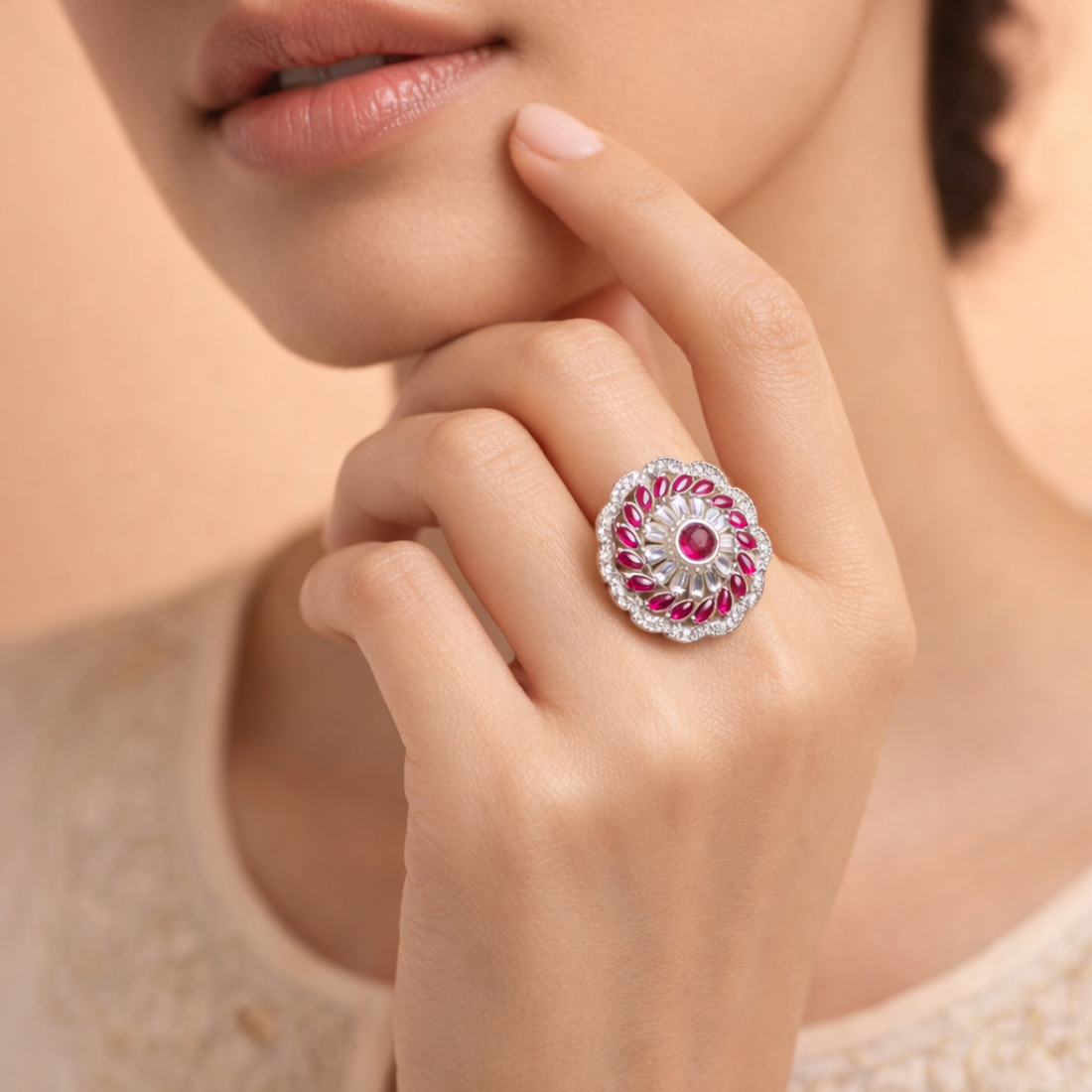 Elegant Floral Halo Ruby and Diamond Silver Statement Ring