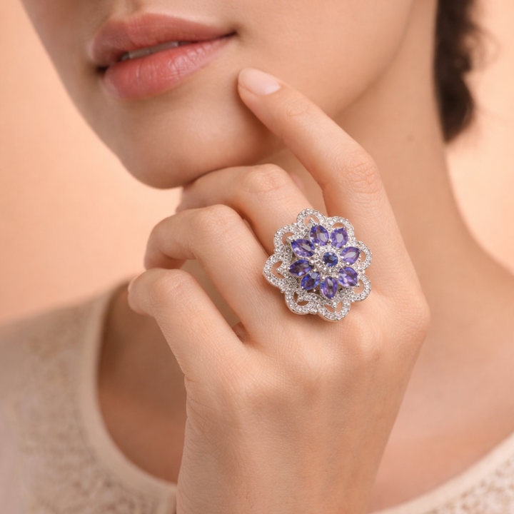 Vintage Floral Iolite and Diamond Halo Ring