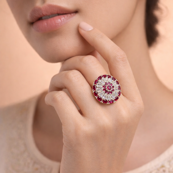Elegant Ruby and Diamond Starburst Cocktail Ring