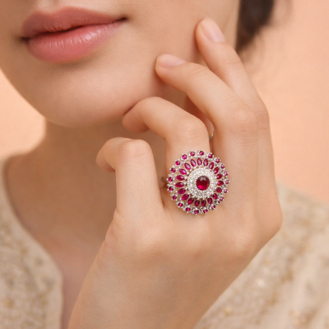 Vintage Sterling Silver Floral Ruby Ring - Balaji Jewellers