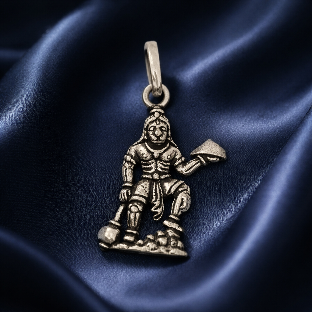 Divine Lord Hanuman Silver Pendant - Bajrangbali Gada & Sanjivani Hill Design