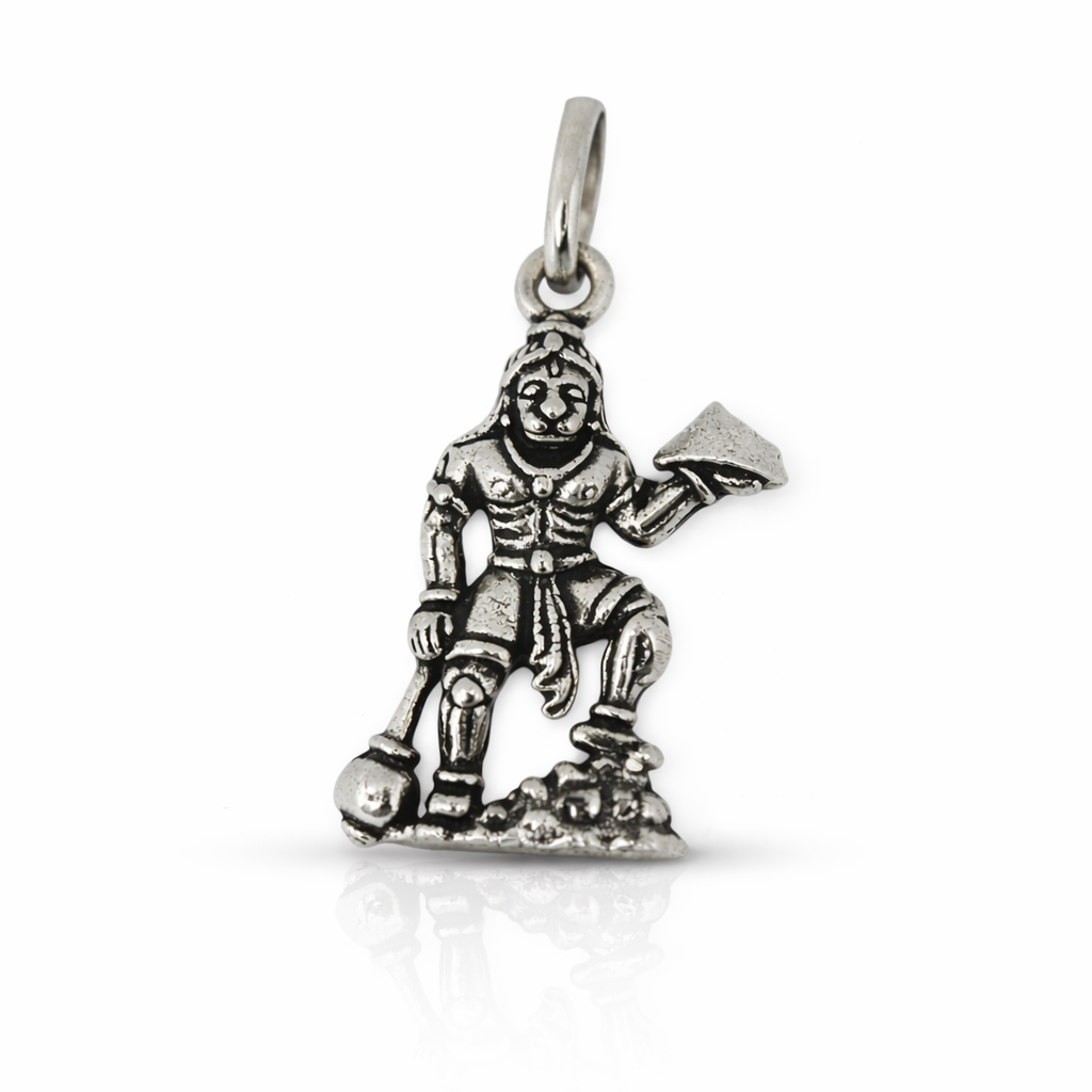 Divine Lord Hanuman Silver Pendant - Bajrangbali Gada & Sanjivani Hill Design
