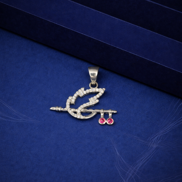 Lord Krishna Inspired Flute and Peacock Feather Silver Pendant