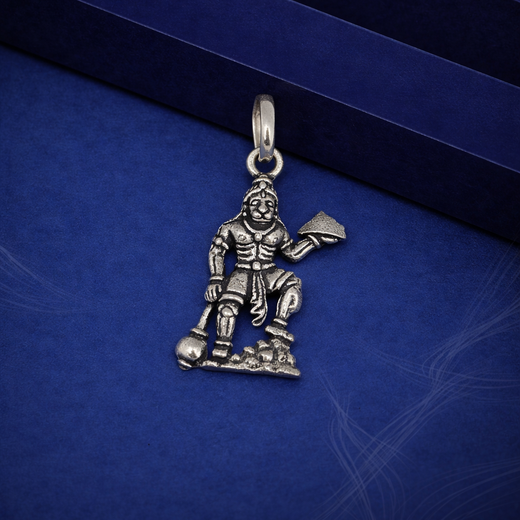 Divine Lord Hanuman Silver Pendant - Bajrangbali Gada & Sanjivani Hill Design