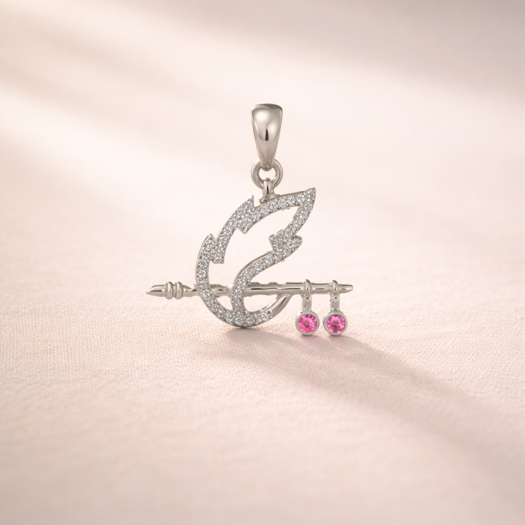 Krishna Flute and Peacock Feather Silver Pendant - Balaji Jewellers