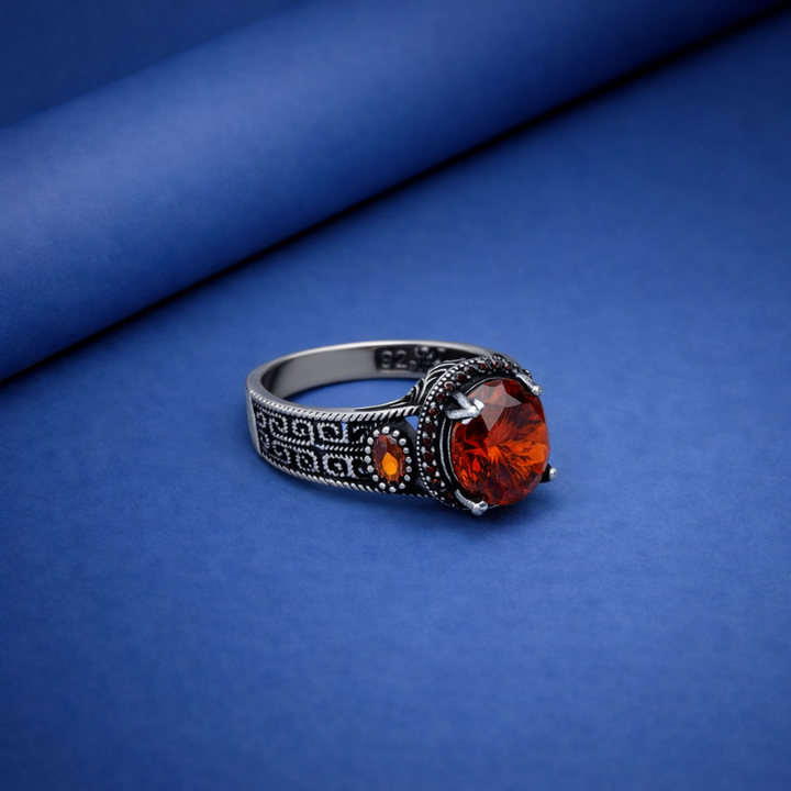 Vintage Oxidized Silver Orange Citrine Bohemian Statement Ring