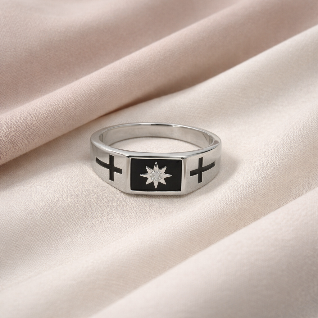 Celestial North Star & Cross Inset Signet Ring