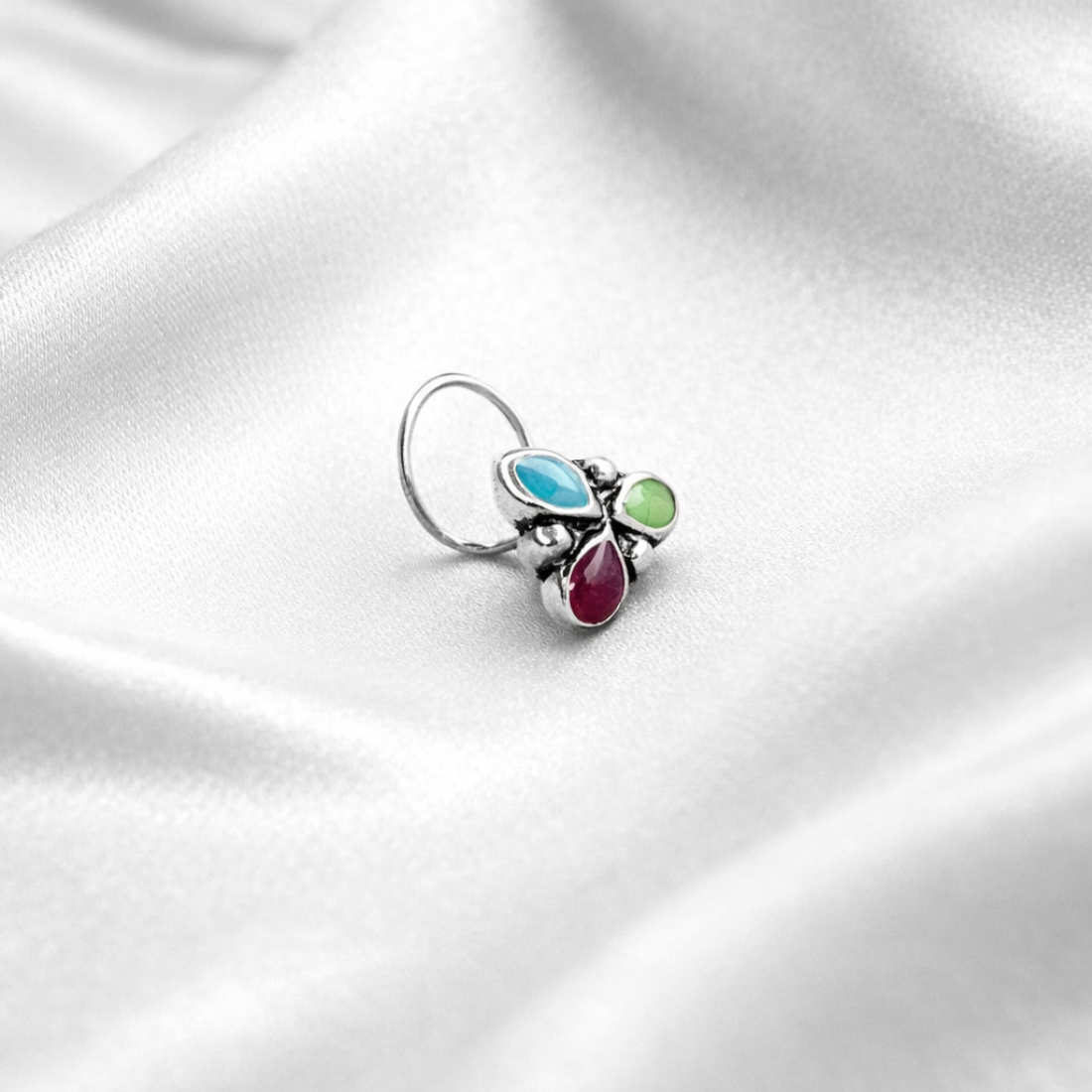 Boho Tri-Color Teardrop Oxidized Silver Nose Pin