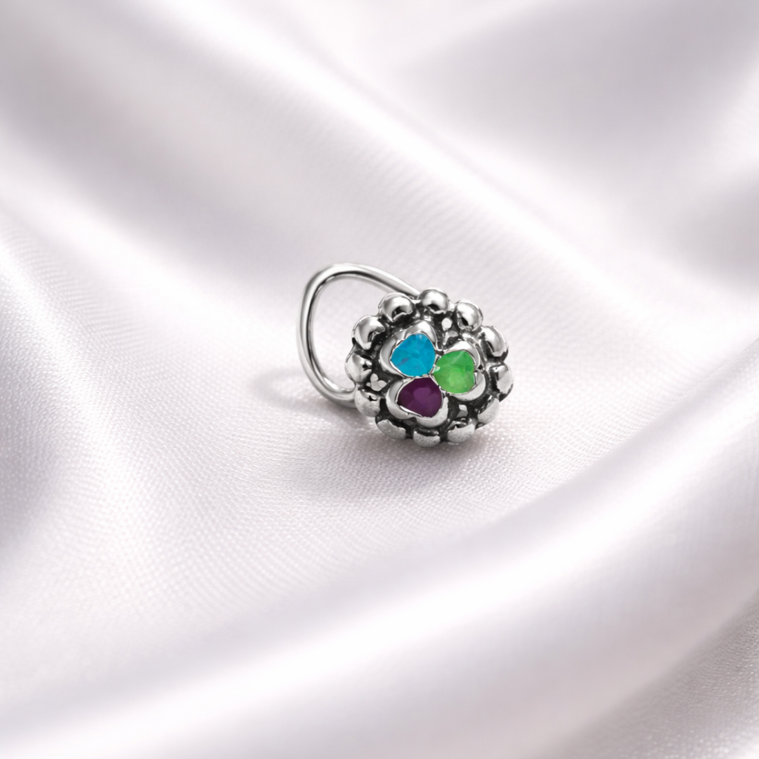 Floral Multi-Color Enamel Silver Nose Pin - Balaji Jewellers