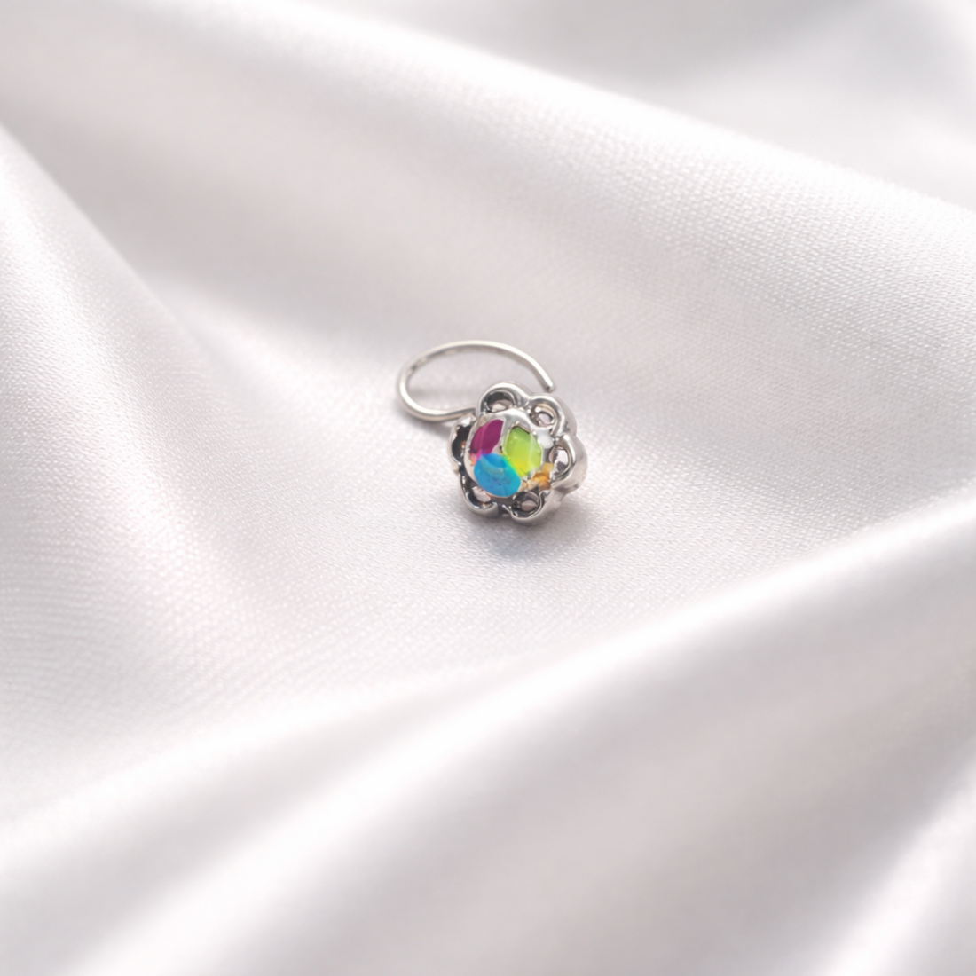 Floral Enamel Silver Nose Pin - Silver Nose Pin - Balaji Jewellers