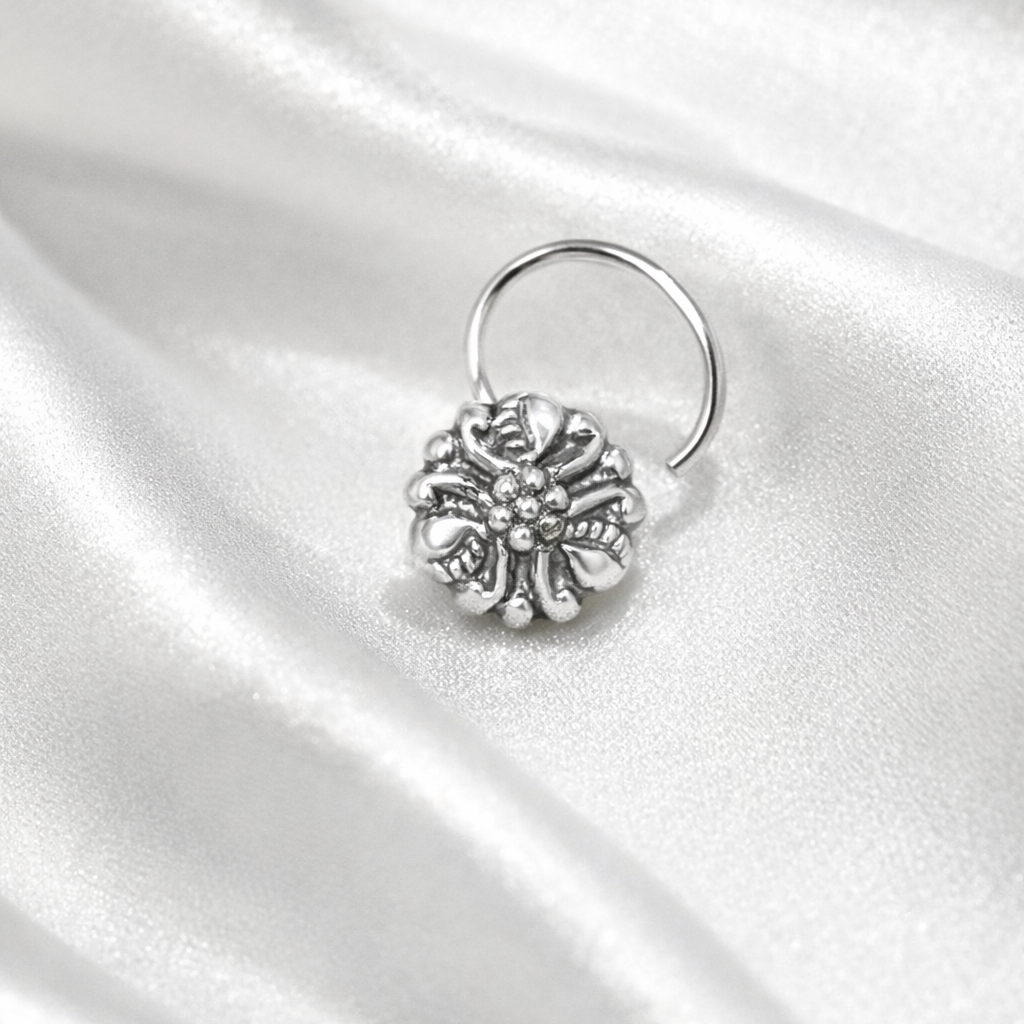 Vintage Oxidized Silver Floral Nose Pin - Balaji Jewellers