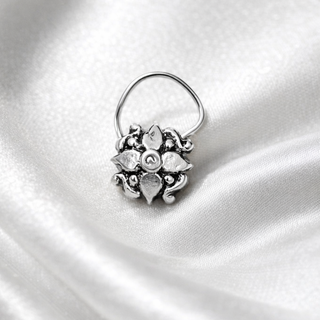 Elegant Oxidized Silver Floral Motif Nose Pin - Balaji Jewellers