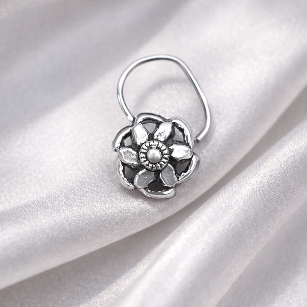 Elegant Oxidized Silver Floral Nose Pin with Wire Backing