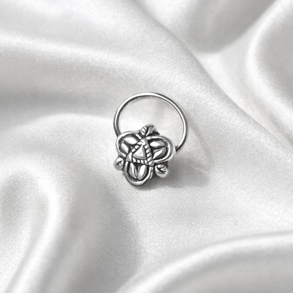 Silver Floral Oxidized Nose Ring - Unique Artisanal Jewelry - Balaji Jewellers