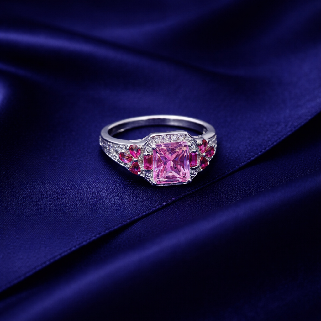 Radiant Silver Pink Zircon Halo Statement Ring for Women