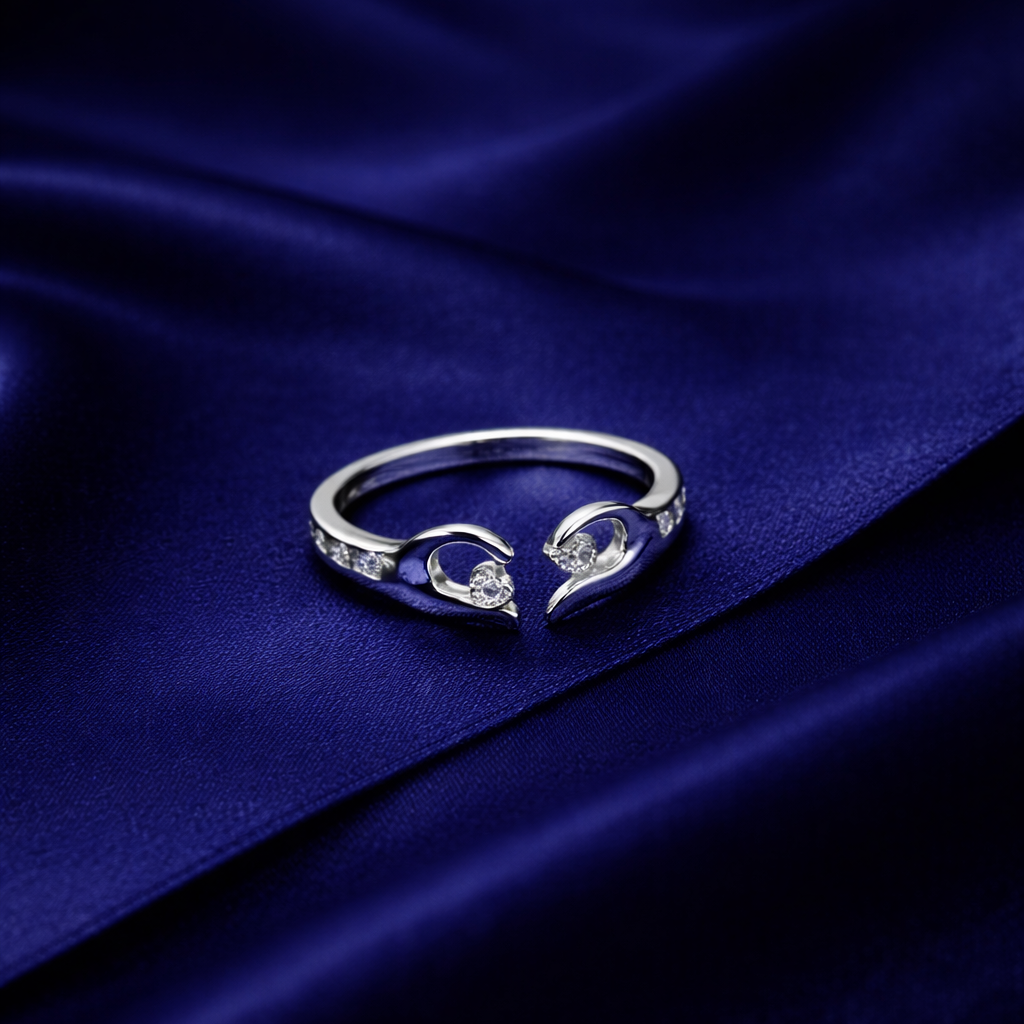 Silver Open-Heart Adjustable Ring with Sparkling Accents
