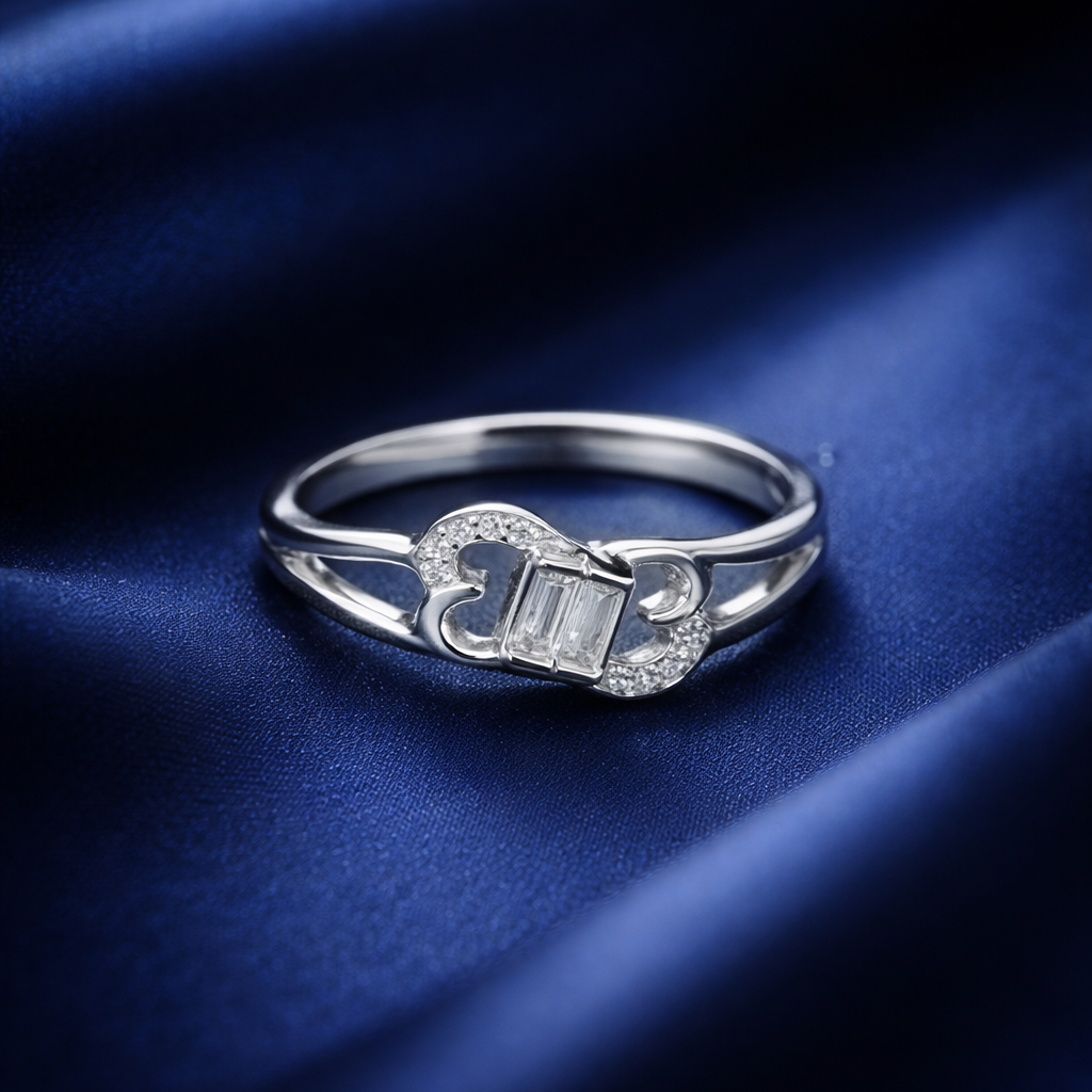 Elegant Silver Heart-Shaped Infinity Ring with Baguette-Cut Centerpiece
