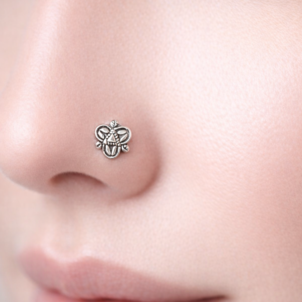 Silver Floral Oxidized Nose Ring - Unique Artisanal Jewelry - Balaji Jewellers