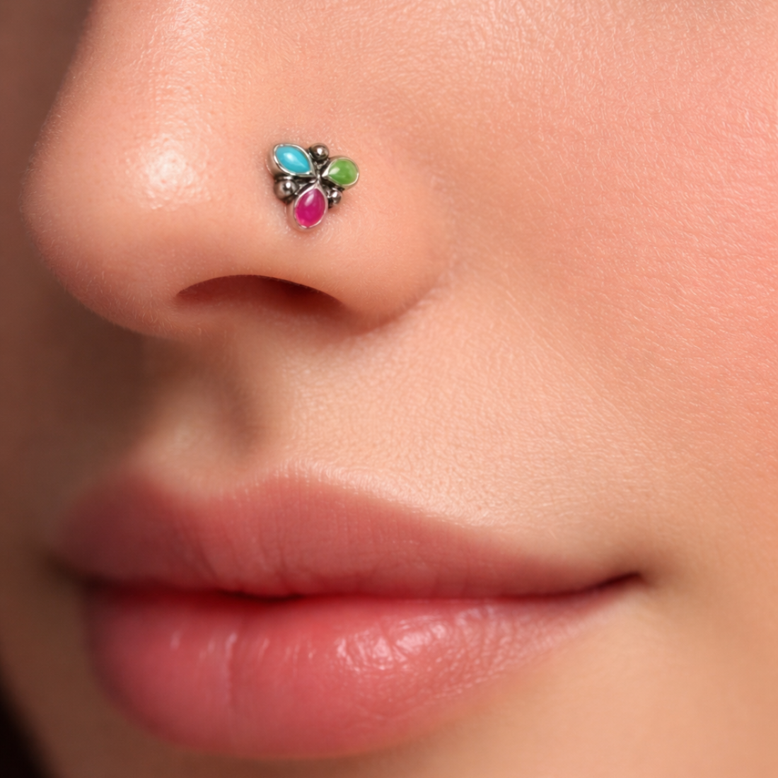 Boho Tri-Color Teardrop Oxidized Silver Nose Pin