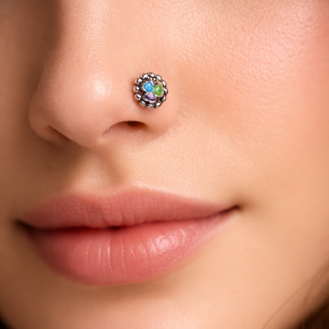 Floral Multi-Color Enamel Silver Nose Pin - Balaji Jewellers