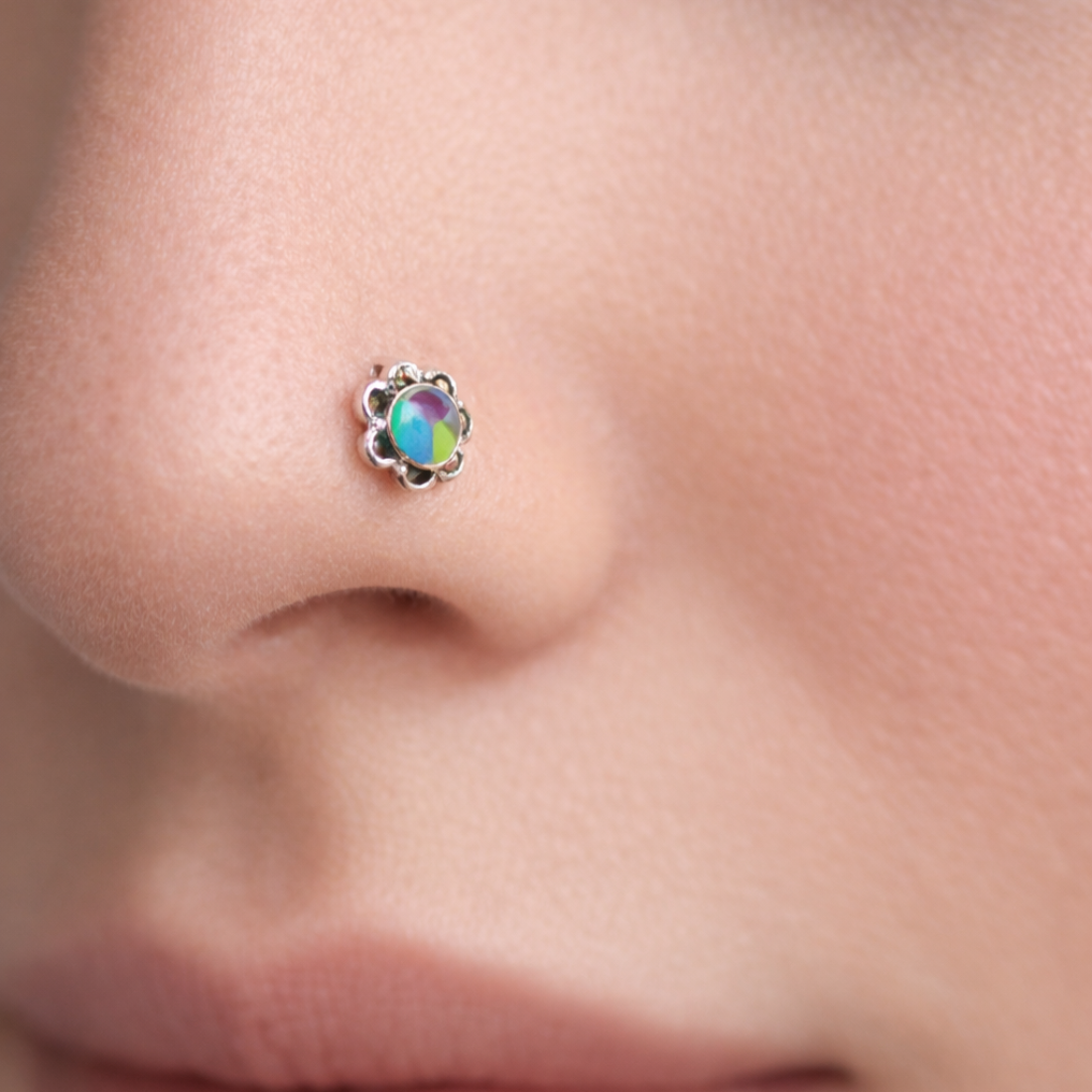 Floral Enamel Silver Nose Pin - Silver Nose Pin - Balaji Jewellers